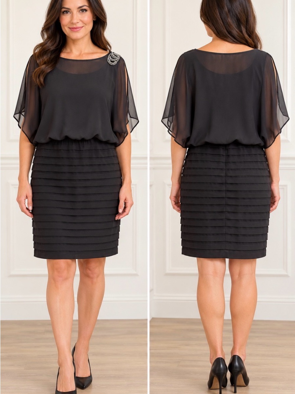 Ricki’s Black Beaded Shoulder Chiffon Tiered Cocktail Dress M